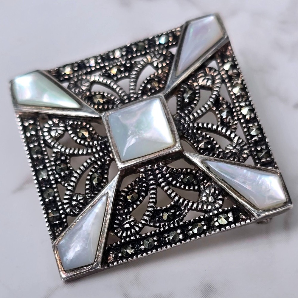 Vintage Sterling Silver Marcasite Mother of Pearl Geometric Square Brooch Pin